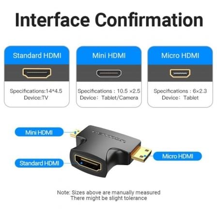 Adaptador HDMI 2 en 1 Vention AGFB0/ HDMI Hembra - Micro HDMI Macho - Mini HDMI Macho - Tiensol