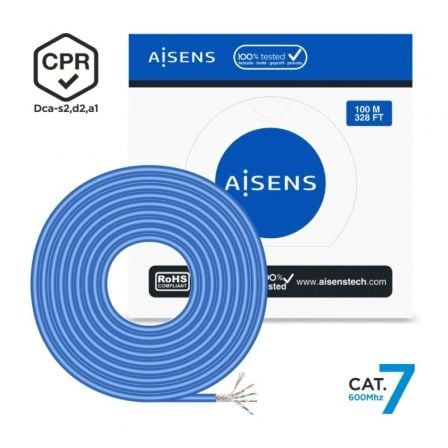 Bobina de Cable RJ45 SFTP AWG23 LSZH CPR Dca Aisens A146 - 0664 Cat.7/ 100m/ Azul - Tiensol