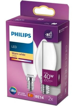 Bombilla Led Philips LED Classic/ Casquillo E14/ 4.3W/ 470 Lúmenes/ 2700K/ Pack de 2 Uds - Tiensol