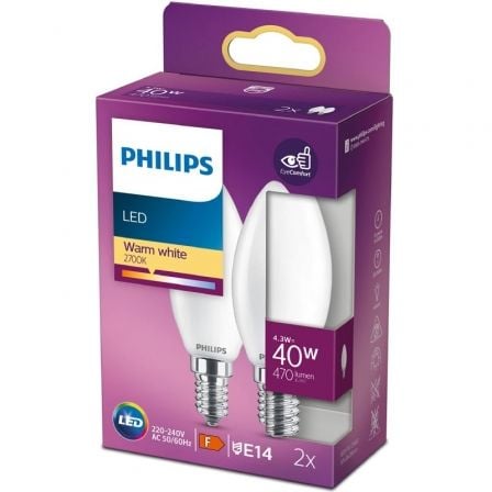 Bombilla Led Philips LED Classic/ Casquillo E14/ 4.3W/ 470 Lúmenes/ 2700K/ Pack de 2 Uds - Tiensol