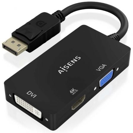 Cable Conversor Aisens A125 - 0861/ DisplayPort Macho/ VGA Hembra - DVI Hembra - HDMI 4K Hembra/ 15cm/ Negro - Tiensol