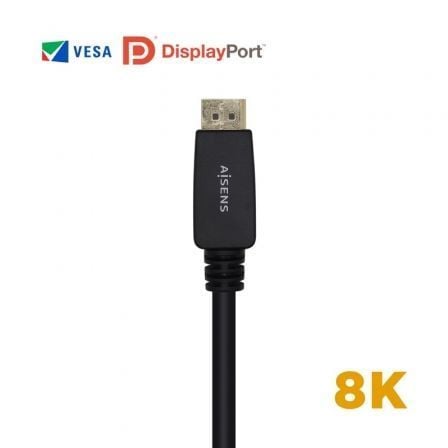 Cable DisplayPort 1.4 8K Aisens A149 - 0433/ DisplayPort Macho - DisplayPort Macho/ 3m/ Certificado/ Negro - Tiensol