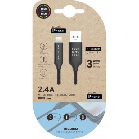 Cable USB 2.0 Tech One Tech TEC2002/ USB Macho - Lightning Macho/ 1m/ Negro - Tiensol