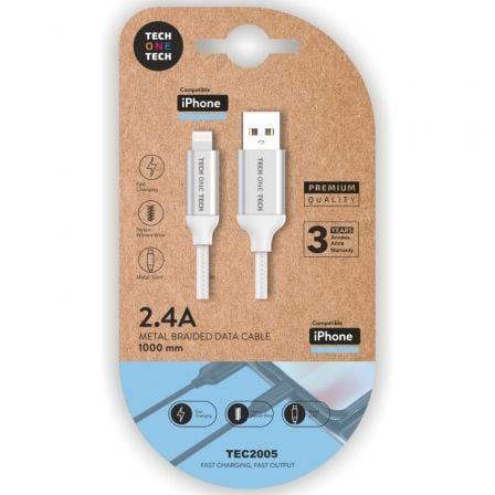 Cable USB 2.0 Tech One Tech TEC2005/ USB Macho - Lightning Macho/ 1m/ Blanco - Tiensol