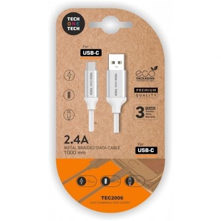 Cable USB 2.0 Tech One Tech TEC2006/ USB Tipo - C Macho - USB Macho/ 1m/ Blanco - Tiensol