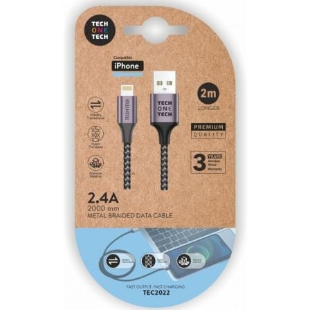 Cable USB 2.0 Tech One Tech TEC2022/ USB Macho - Lightning Macho/ 2m/ Gris - Tiensol