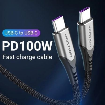 Cable USB 2.0 Tipo - C 5A 100W Vention TAEHF/ USB Tipo - C Macho - USB Tipo - C Macho/ Hasta 100W/ 480Mbps/ 1m/ Gris - Tiensol