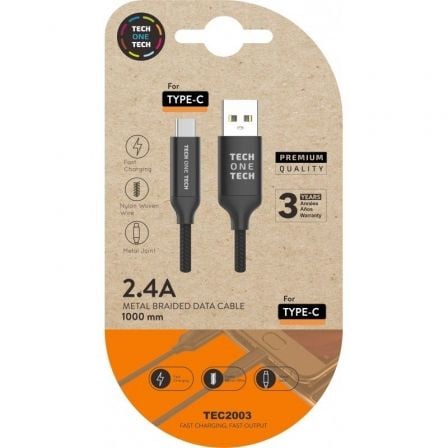 Cable USB 2.0 Tipo - C Tech One Tech TEC2003/ USB Tipo - C Macho - USB Macho/ 1m/ Negro - Tiensol