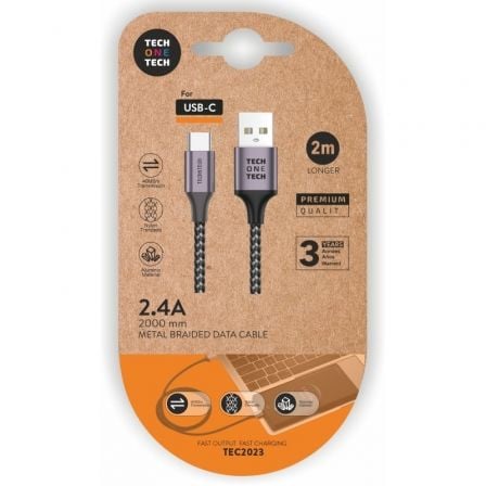 Cable USB 2.0 Tipo - C Tech One Tech TEC2023/ USB Tipo - C Macho - USB Macho/ 2m/ Gris - Tiensol