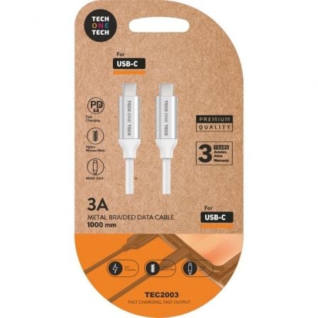 Cable USB 2.0 Tipo - C Tech One Tech TEC2204/ USB Tipo - C Macho - USB Tipo - C Macho/ 1m/ Blanco - Tiensol