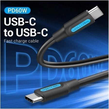 Cable USB 2.0 Tipo - C Vention COSBD/ USB Tipo - C Macho - USB Tipo - C Macho/ Hasta 60W/ 480Mbps/ 50cm/ Negro - Tiensol