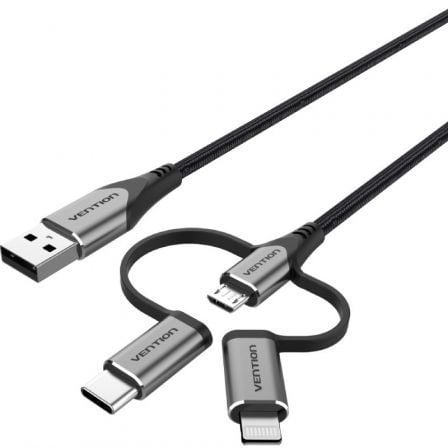 Cable USB 2.0 Tipo - C Vention CQJHF/ USB Macho/ USB Tipo - C Macho - MicroUSB Macho - Lightning Macho/ 480Mbps/ 1m/ Gris - Tiensol