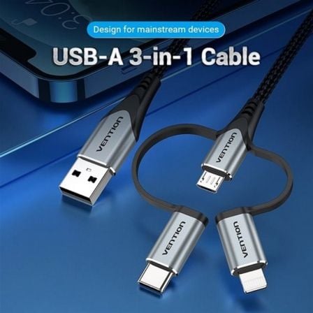 Cable USB 2.0 Tipo - C Vention CQJHF/ USB Macho/ USB Tipo - C Macho - MicroUSB Macho - Lightning Macho/ 480Mbps/ 1m/ Gris - Tiensol