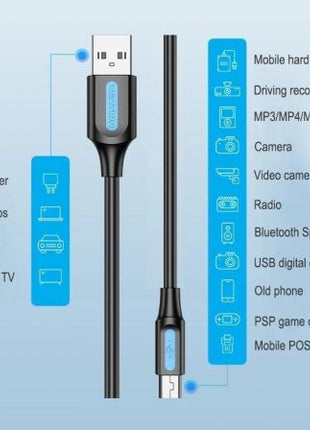 Cable USB 2.0 Vention COMBD/ USB Macho - MiniUSB Macho/ Hasta 10W/ 480Mbps/ 50cm/ Negro - Tiensol