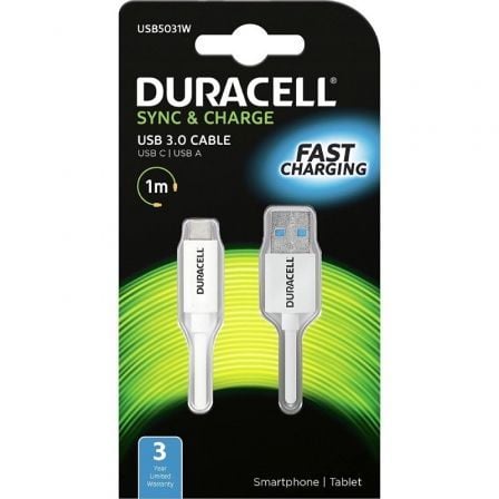 Cable USB 3.0 Tipo - C Duracell USB5031W/ USB Tipo - C Macho - USB Macho/ 1m/ Blanco - Tiensol