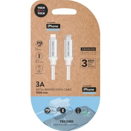 Cable USB Tipo - C 2.0 Lightning Tech One Tech TEC2203/ Lightning Macho - USB Tipo - C Macho/ 1m/ Blanco - Tiensol