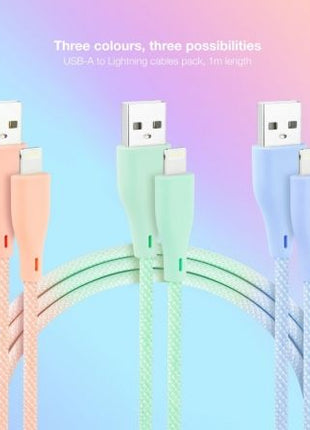 Cables USB 2.0 Lightning Nanocable 10.10.0401 - CO1/ USB Macho - Lightning Macho/ 1m/ 3 Unidades/ Rosa, Azul y Verde - Tiensol