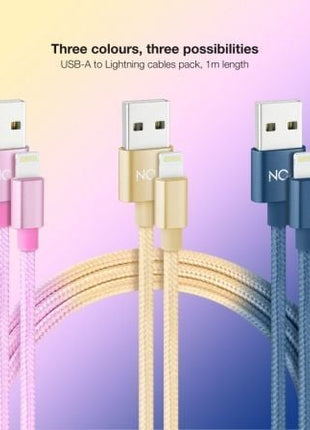 Cables USB 2.0 Lightning Nanocable 10.10.0401 - CO2/ USB Macho - Lightning Macho/ 1m/ 3 Unidades/ Rosa, Dorado, Azul Pacífico - Tiensol