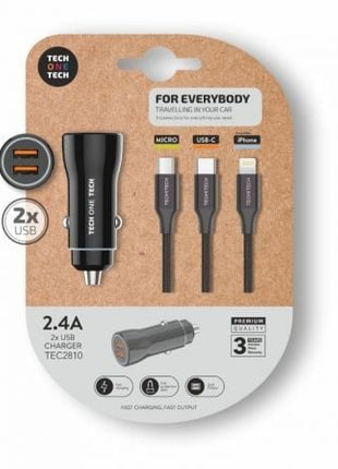 Cargador de Coche Tech One Tech TEC2810/ 2xUSB + Cable 3 en 1/ 2.4A - Tiensol