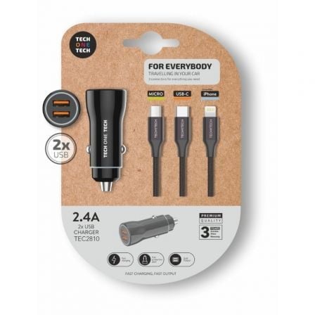 Cargador de Coche Tech One Tech TEC2810/ 2xUSB + Cable 3 en 1/ 2.4A - Tiensol