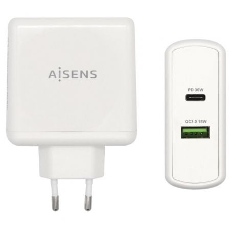 Cargador de Pared Aisens ASCH - 2PD30QC - W/ 1xUSB Tipo - C/ 1x USB/ 48W - Tiensol