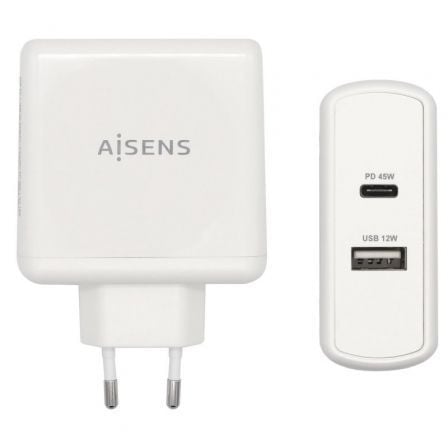 Cargador de Pared Aisens ASCH - 2PD45A - W/ 1xUSB Tipo - C/ 1x USB/ 57W - Tiensol