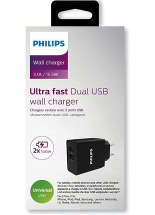 Cargador de Pared Philips DLP2610/ 2xUSB/ 15.5W - Tiensol