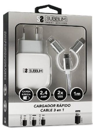 Cargador de Pared Subblim SUB - CHG - 1ZWC01/ 2xUSB + Cable 3 en 1/ 12W/ Blanco - Tiensol