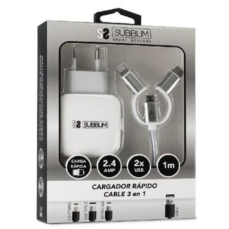 Cargador de Pared Subblim SUB - CHG - 1ZWC01/ 2xUSB + Cable 3 en 1/ 12W/ Blanco - Tiensol