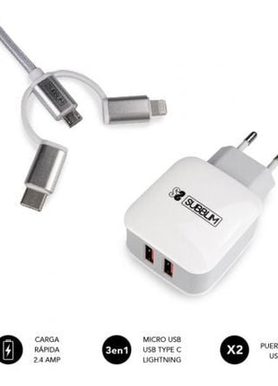 Cargador de Pared Subblim SUB - CHG - 1ZWC01/ 2xUSB + Cable 3 en 1/ 12W/ Blanco - Tiensol