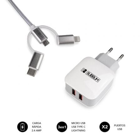 Cargador de Pared Subblim SUB - CHG - 1ZWC01/ 2xUSB + Cable 3 en 1/ 12W/ Blanco - Tiensol