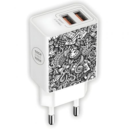 Cargador de Pared Tech One Tech Art - Deco TEC2510/ 2xUSB/ 2.4A/ Blanco - Tiensol