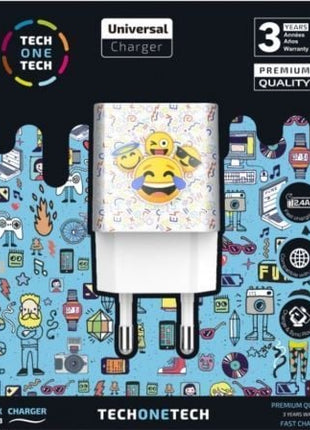 Cargador de Pared Tech One Tech Emojitech Smile TEC2502/ 2xUSB/ 2.4A/ Blanco - Tiensol