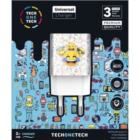 Cargador de Pared Tech One Tech Emojitech Smile TEC2502/ 2xUSB/ 2.4A/ Blanco - Tiensol