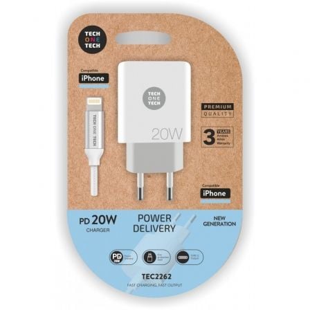 Cargador de Pared Tech One Tech TEC2262/ 1xUSB Tipo - C + Cable Lightning/ 3A/ Blanco - Tiensol