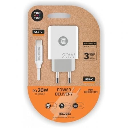 Cargador de Pared Tech One Tech TEC2263/ 1xUSB Tipo - C + Cable USB Tipo - C/ 3A/ Blanco - Tiensol