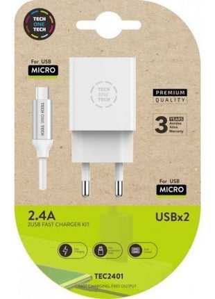 Cargador de Pared Tech One Tech TEC2401/ 2xUSB + Cable Micro USB/ 2.4A/ Blanco - Tiensol