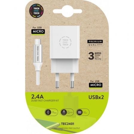 Cargador de Pared Tech One Tech TEC2401/ 2xUSB + Cable Micro USB/ 2.4A/ Blanco - Tiensol