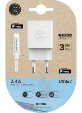 Cargador de Pared Tech One Tech TEC2402/ 2xUSB + Cable Lightning/ 2.4A/ Blanco - Tiensol