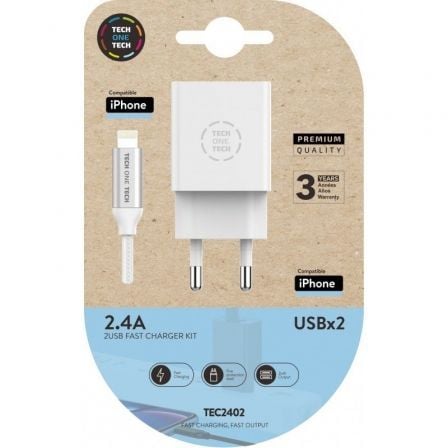 Cargador de Pared Tech One Tech TEC2402/ 2xUSB + Cable Lightning/ 2.4A/ Blanco - Tiensol