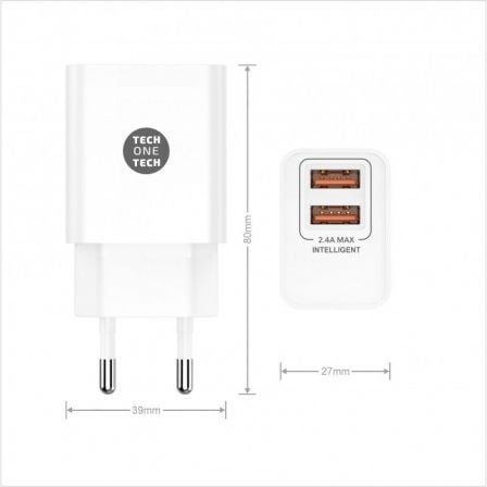 Cargador de Pared Tech One Tech TEC2403/ 2xUSB + Cable USB Tipo - C/ 2.4A/ Blanco - Tiensol