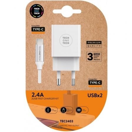 Cargador de Pared Tech One Tech TEC2403/ 2xUSB + Cable USB Tipo - C/ 2.4A/ Blanco - Tiensol