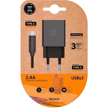 Cargador de Pared Tech One Tech TEC2423/ 2xUSB + Cable USB Tipo - C/ 2.4A/ Negro - Tiensol