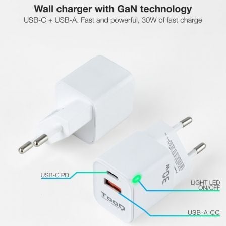 Cargador de Pared TooQ TQWC - GANQCPD30WT/ 1xUSB Tipo - C/ 1xUSB/ 30W - Tiensol