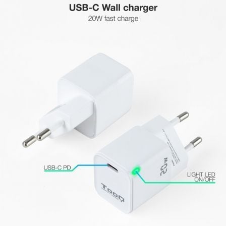 Cargador de Pared TooQ TQWC - PD20WT/ 1xUSB Tipo - C/ 20W/ Blanco - Tiensol