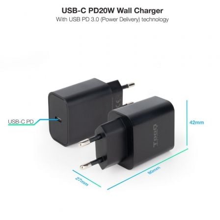 Cargador de Pared TooQ TQWC - PDUSBC20B/ 1xUSB Tipo - C/ 20W - Tiensol