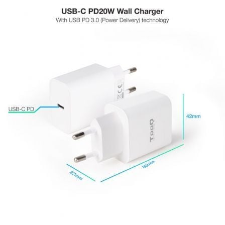 Cargador de Pared TooQ TQWC - PDUSBC20W/ 1xUSB Tipo - C/ 20W - Tiensol