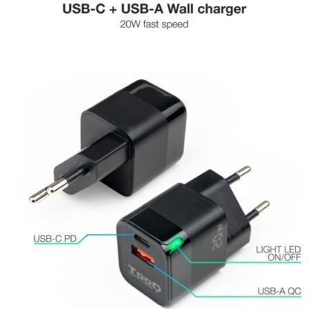 Cargador de Pared TooQ TQWC - QCPD20/ 1xUSB Tipo - C/ 1xUSB/ 20W - Tiensol