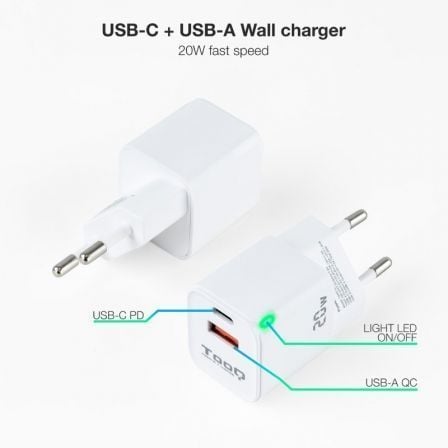 Cargador de Pared TooQ TQWC - QCPD20WT/ 1xUSB - Tipo C/ 1x USB/ 20W/ Blanco - Tiensol