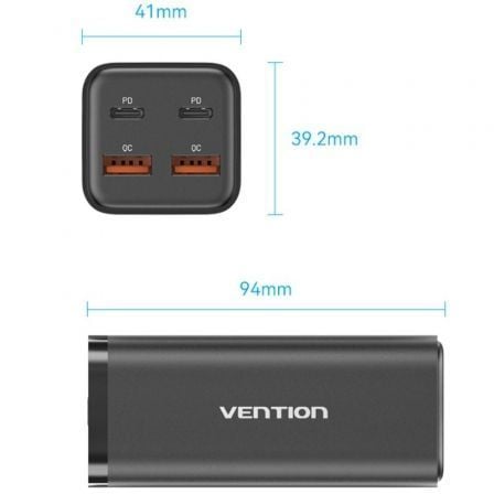 Cargador de Pared Vention FBSBG - EU/ 2xUSB Tipo - C + Cable USB Tipo - C/ 2xUSB/ 100W - Tiensol